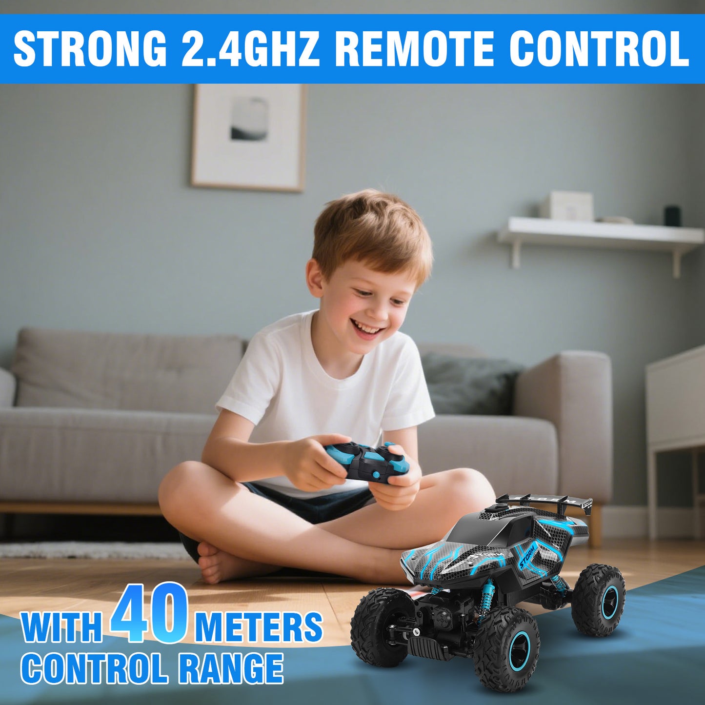 1:16 RC Car Remote Control Car, 60+min Monster Truck with Lights and Spray Function, All Terrain Off Road RC Monster Vehicle Truck for Kids, 2400Mah Battery