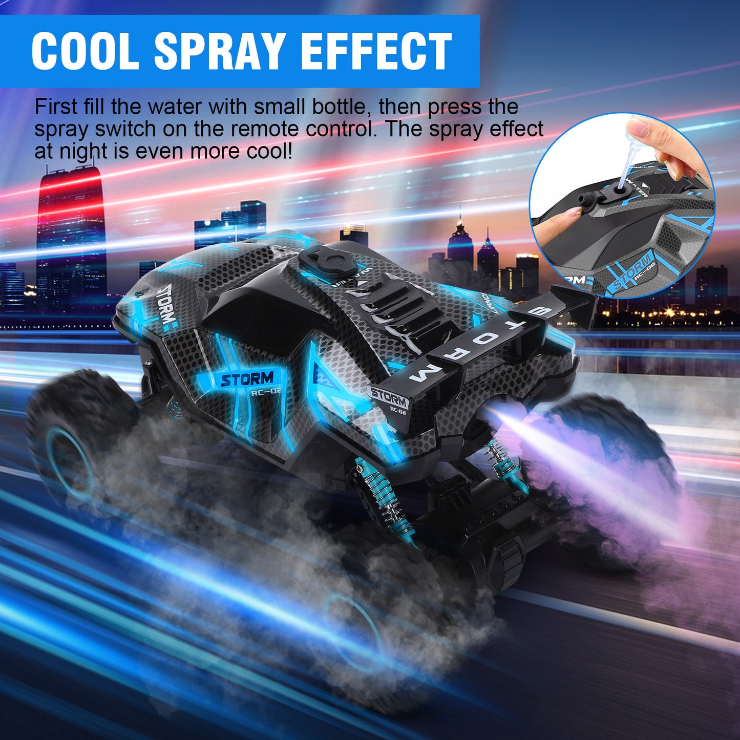 1:16 RC Car Remote Control Car, 60+min Monster Truck with Lights and Spray Function, All Terrain Off Road RC Monster Vehicle Truck for Kids, 2400Mah Battery