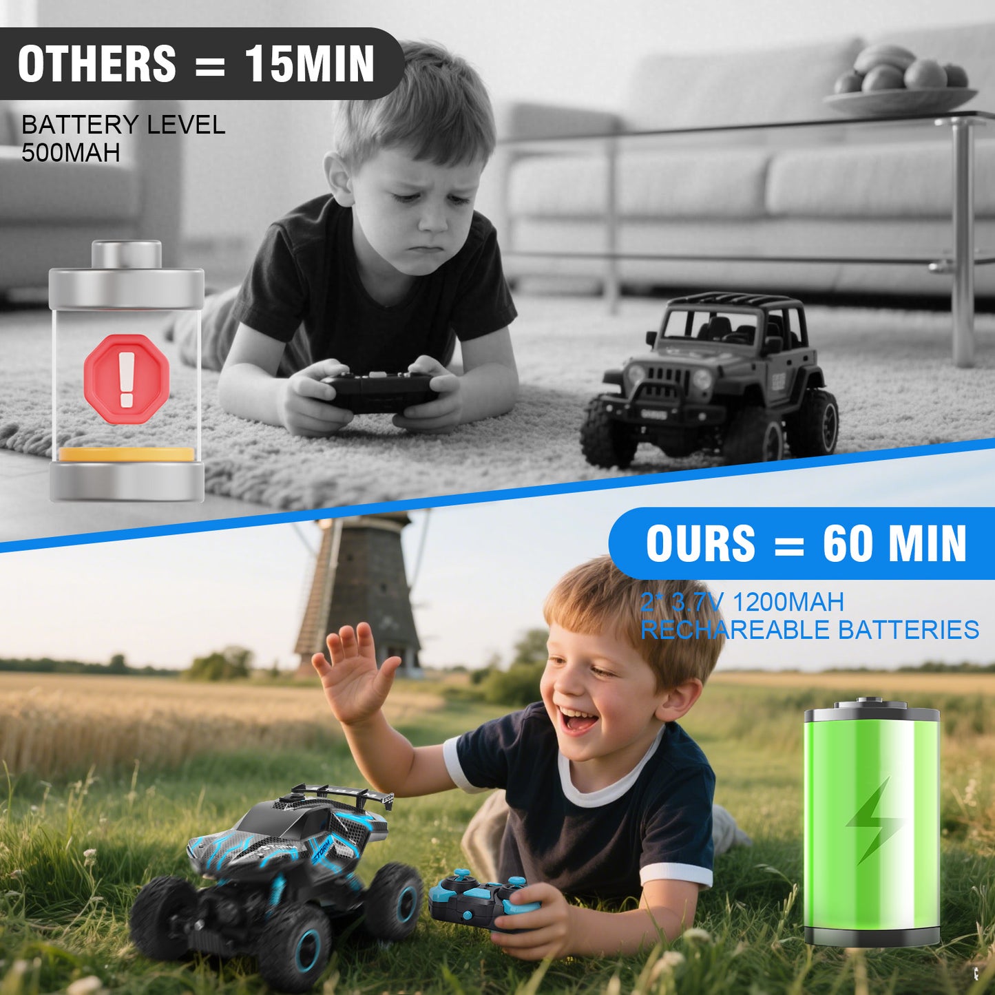 1:16 RC Car Remote Control Car, 60+min Monster Truck with Lights and Spray Function, All Terrain Off Road RC Monster Vehicle Truck for Kids, 2400Mah Battery