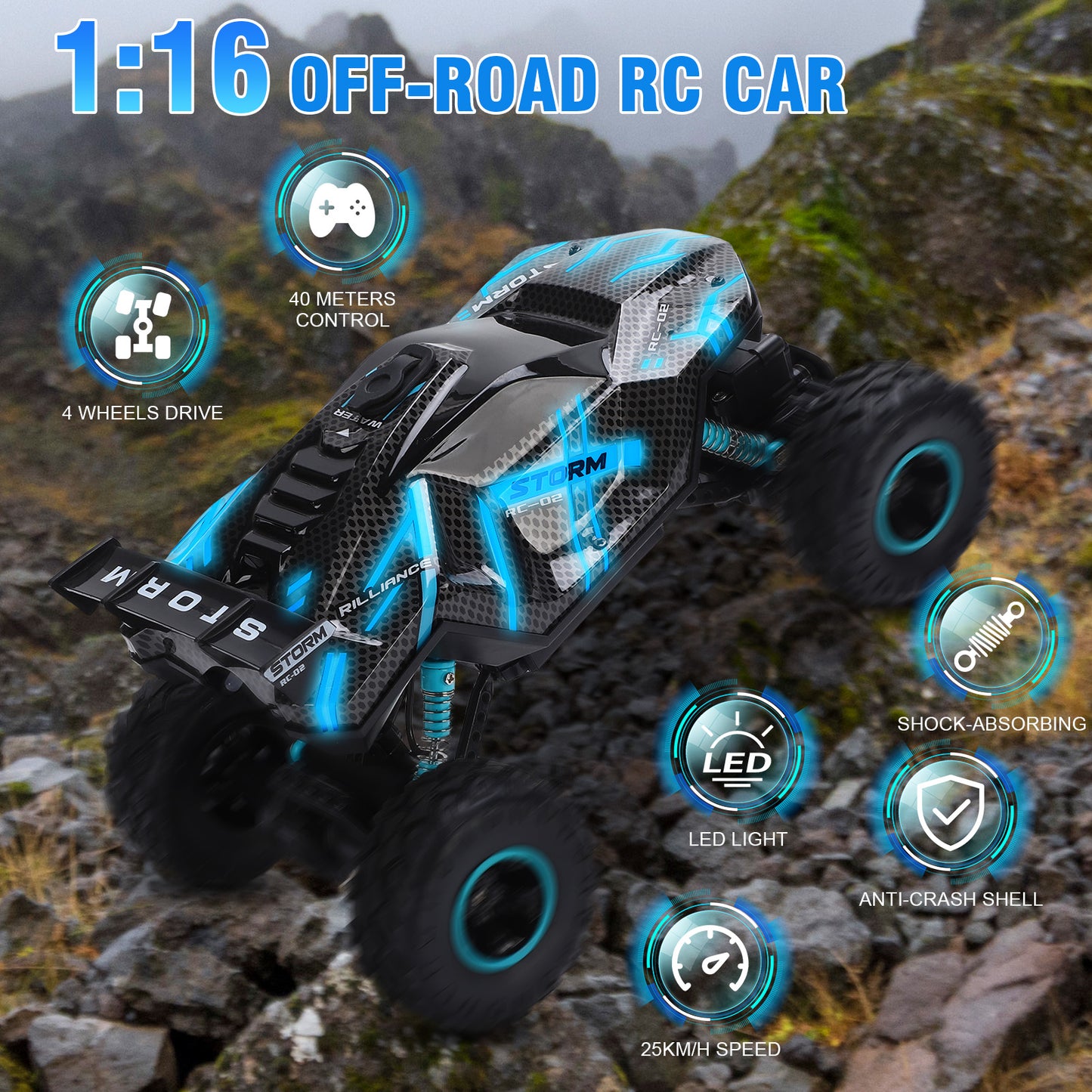 1:16 RC Car Remote Control Car, 60+min Monster Truck with Lights and Spray Function, All Terrain Off Road RC Monster Vehicle Truck for Kids, 2400Mah Battery