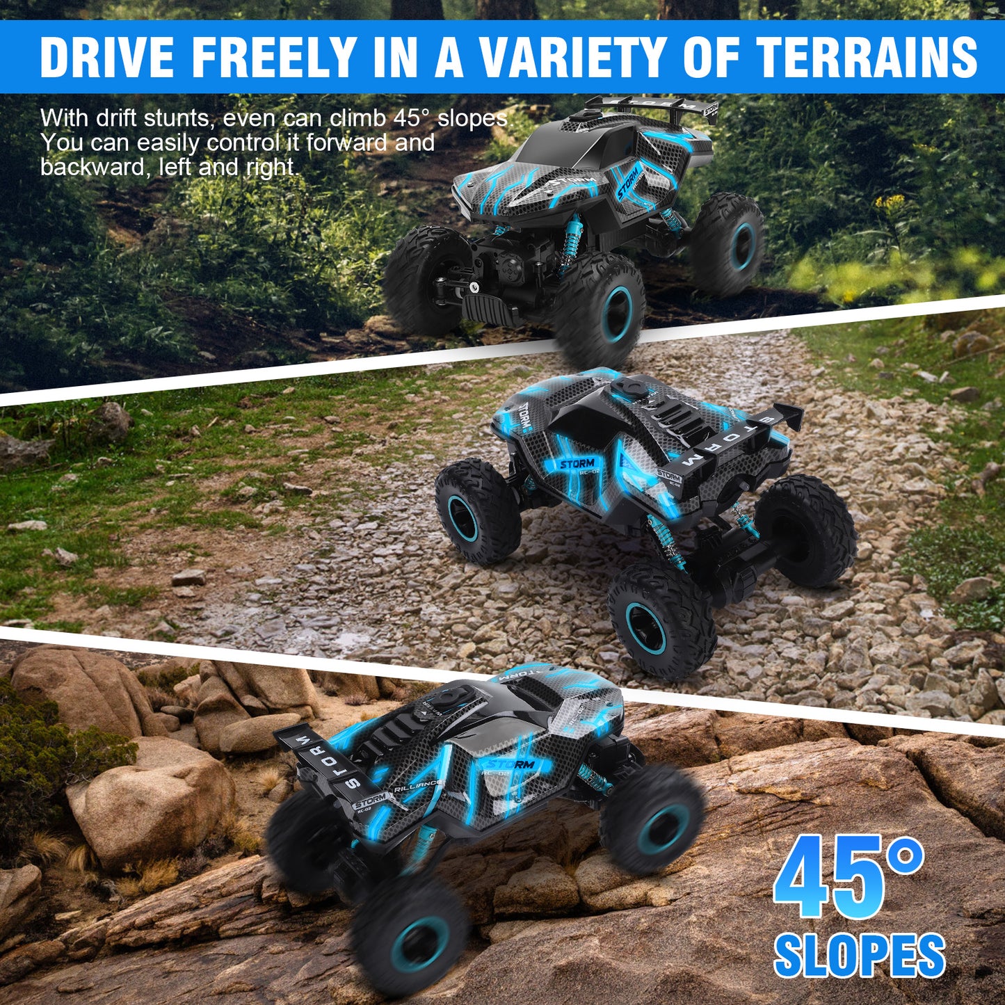 1:16 RC Car Remote Control Car, 60+min Monster Truck with Lights and Spray Function, All Terrain Off Road RC Monster Vehicle Truck for Kids, 2400Mah Battery