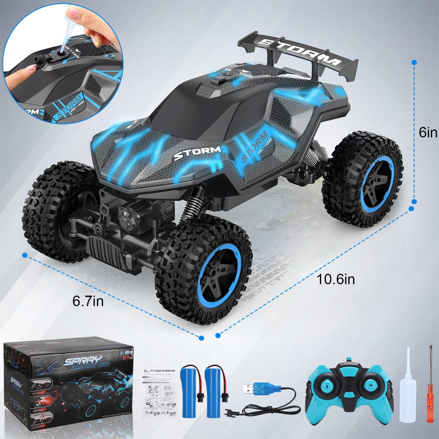 1:16 RC Car Remote Control Car, 60+min Monster Truck with Lights and Spray Function, All Terrain Off Road RC Monster Vehicle Truck for Kids, 2400Mah Battery
