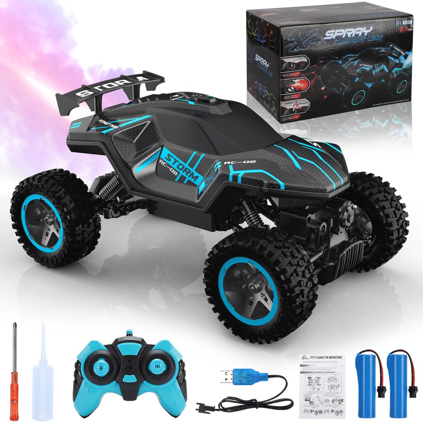 1:16 RC Car Remote Control Car, 60+min Monster Truck with Lights and Spray Function, All Terrain Off Road RC Monster Vehicle Truck for Kids, 2400Mah Battery