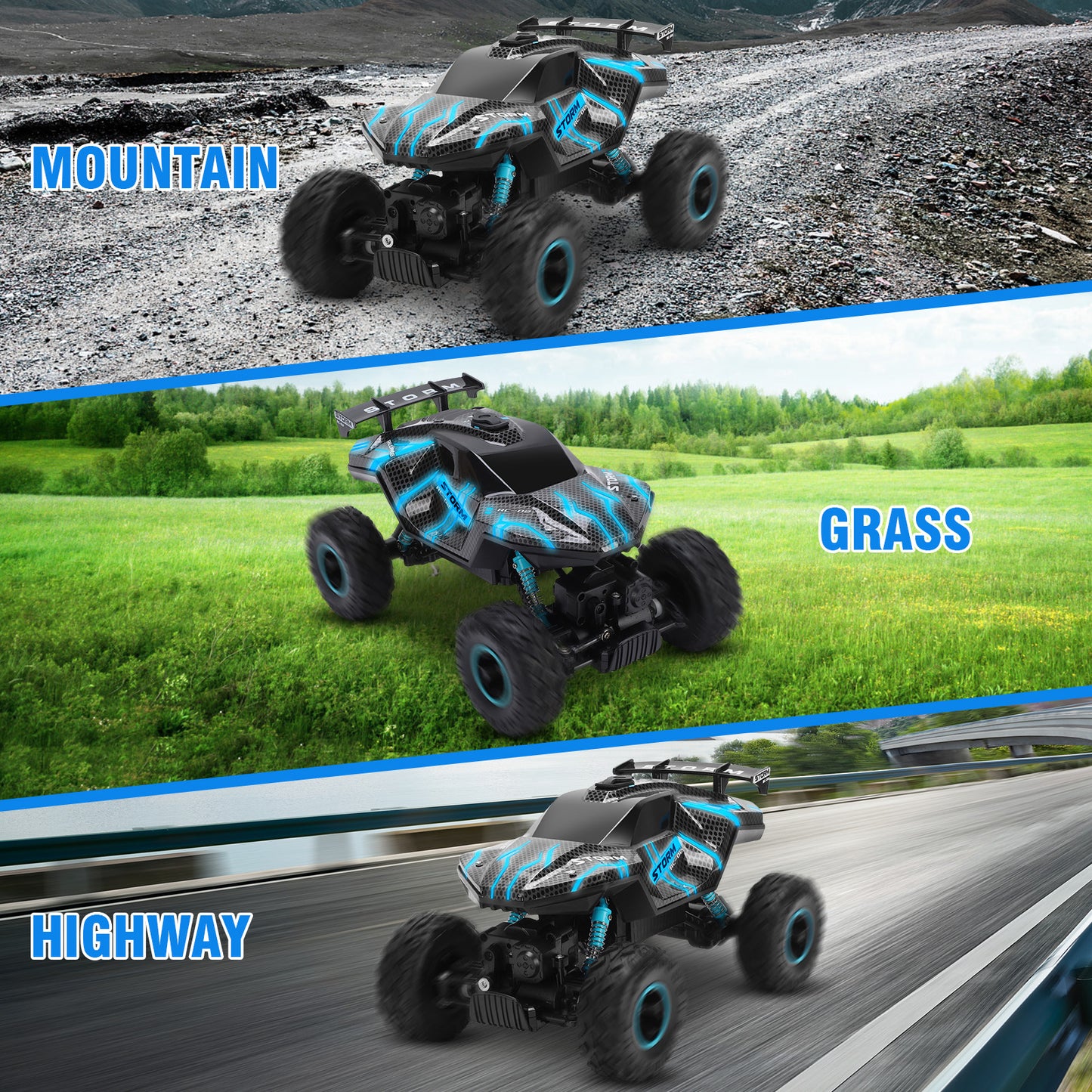 1:16 RC Car Remote Control Car, 60+min Monster Truck with Lights and Spray Function, All Terrain Off Road RC Monster Vehicle Truck for Kids, 2400Mah Battery