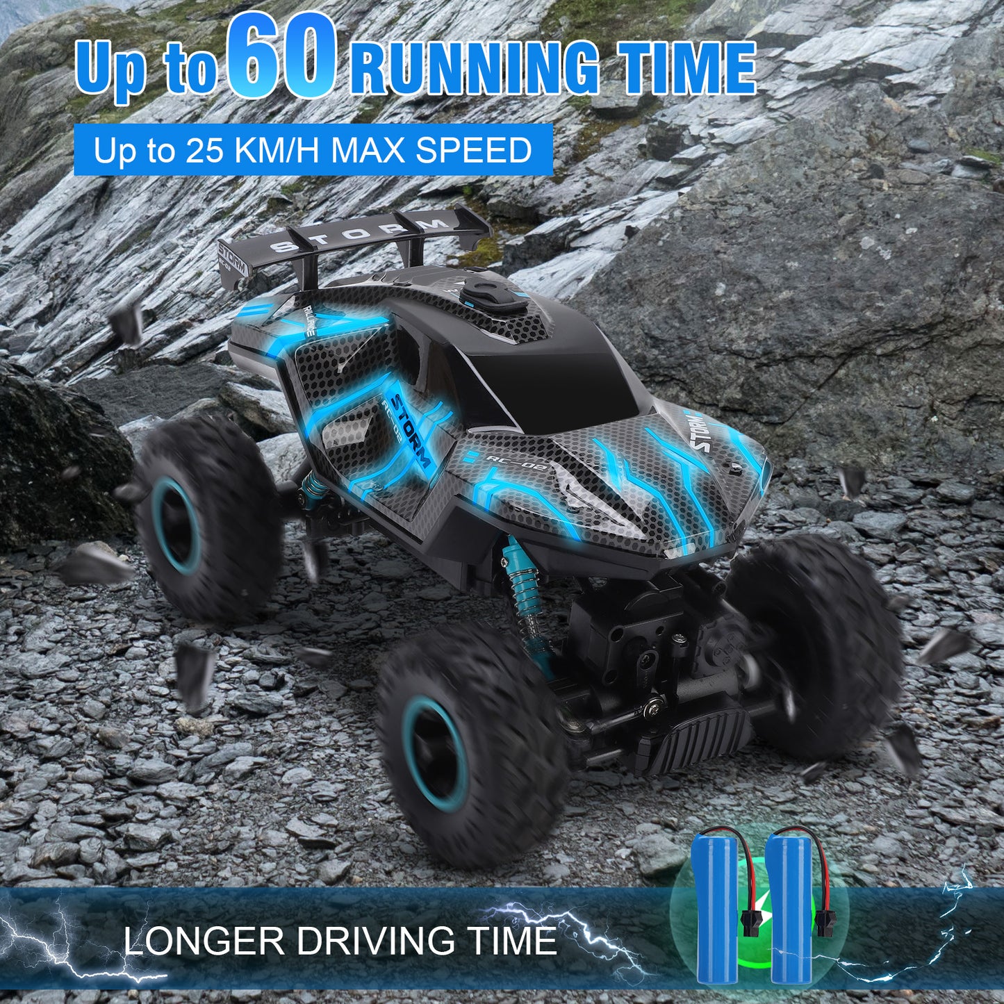 1:16 RC Car Remote Control Car, 60+min Monster Truck with Lights and Spray Function, All Terrain Off Road RC Monster Vehicle Truck for Kids, 2400Mah Battery
