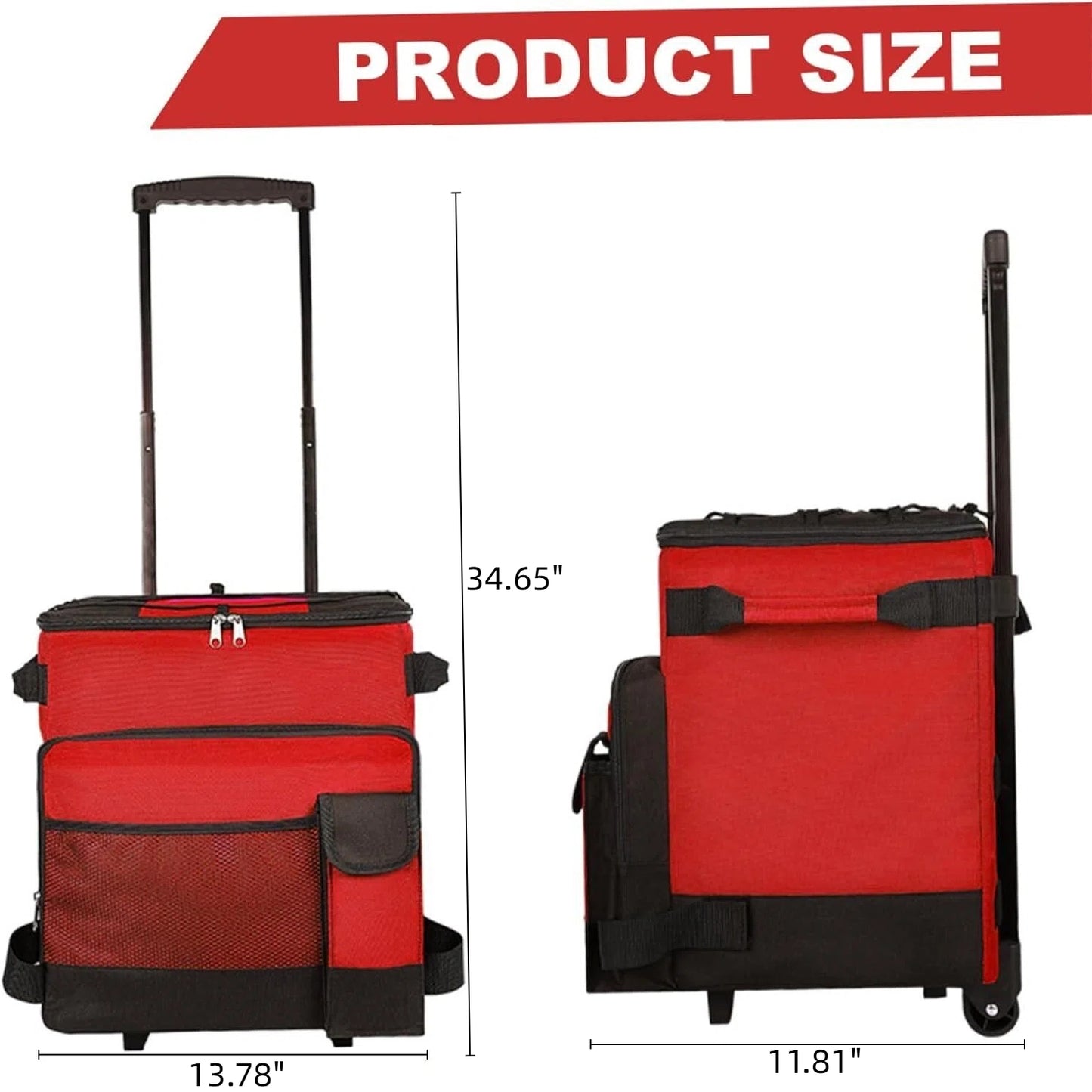 43L Collapsible Cooler with Wheels, Insulated Rolling Cooler with All-Terrain Cart, Waterproof Soft Sided Cooler Bag for Beach, Picnic, Camping, Shopping, Travel,Red