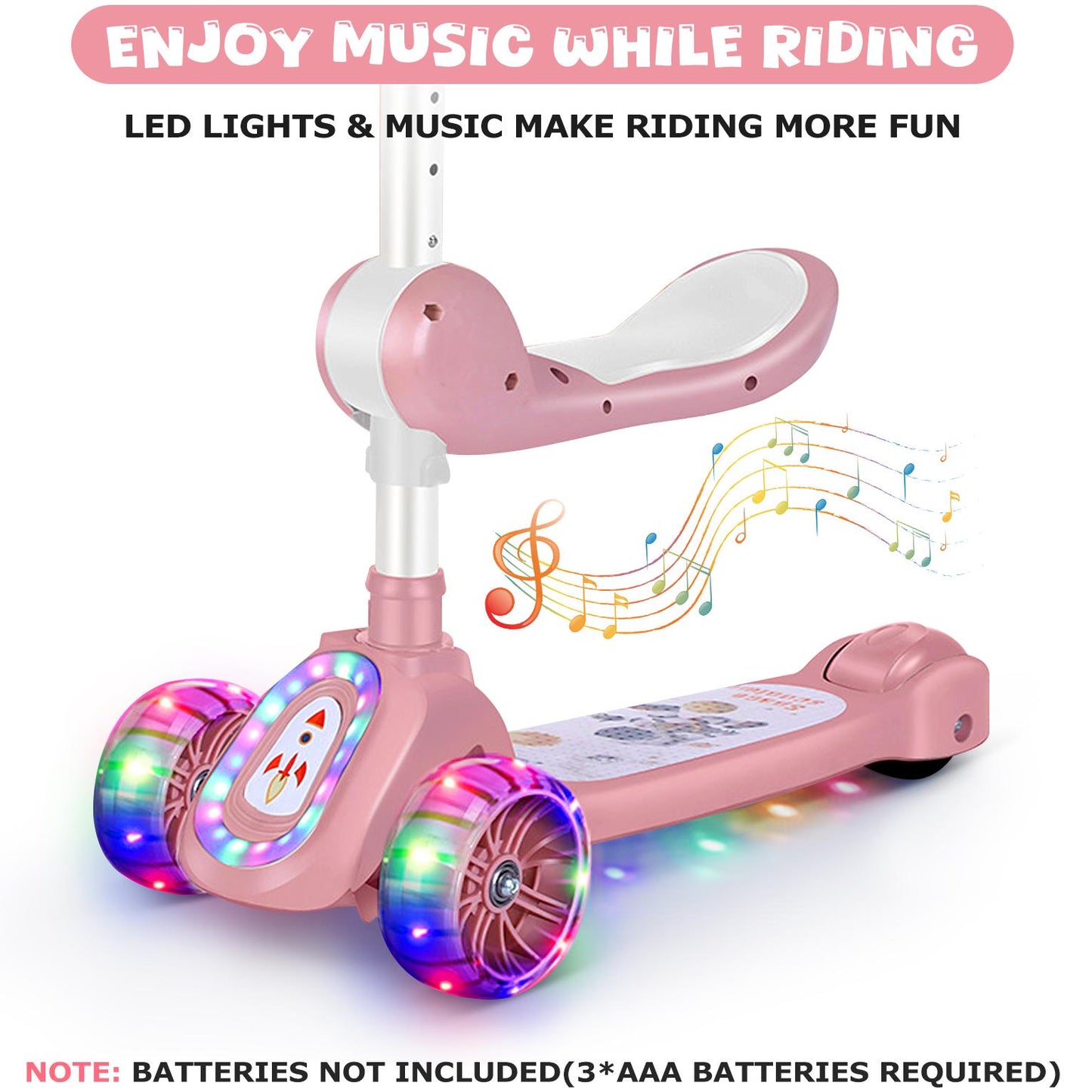 Eotvia Kids Scooter with LED Lighted Wheels, 3 Adjustable Height Handlebars and Foldable Seat - Sit or Stand Ride, Lean-to-Steer & Widen Anti-Slip Deck, Scooters for Kids 3 YO & up, Pink