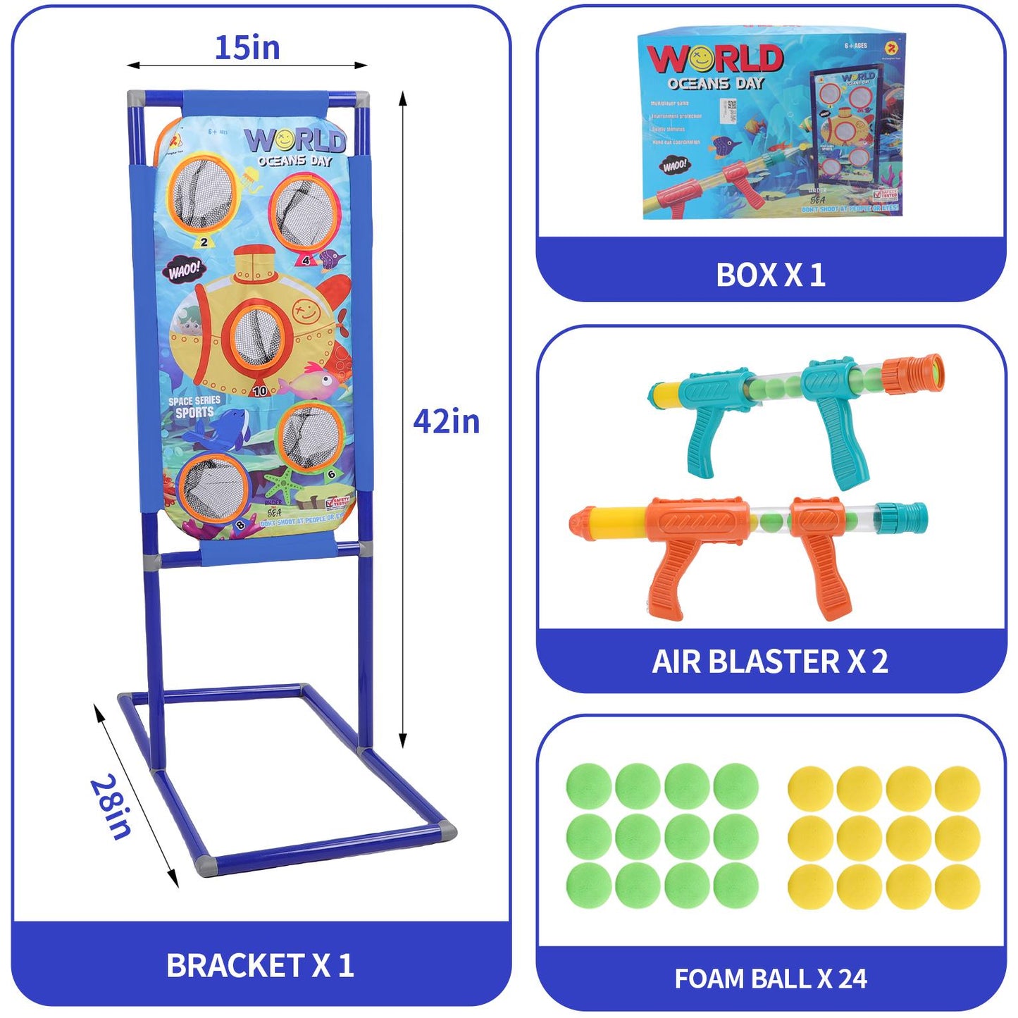 Shooting Game Toy for Age 6, 7, 8, 9, 10+ Years Old Kids Boys, 2 Pack Air Toy Blaster Air Pump & Shooting Target & 24 Foam Balls, Indoor & Outdoor Play, Ideal Christmas Birthday Gift for Boys 3+