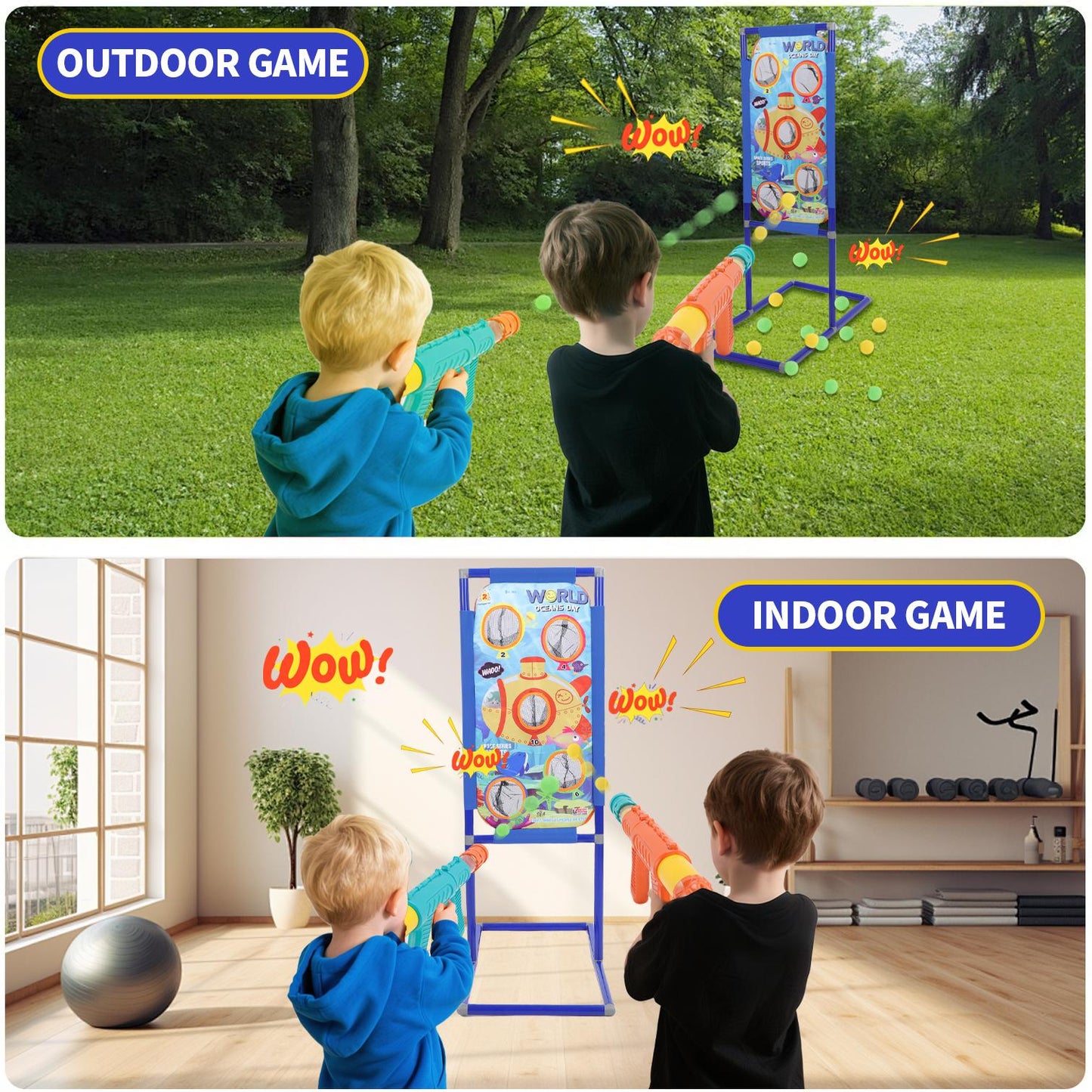 Shooting Game Toy for Age 6, 7, 8, 9, 10+ Years Old Kids Boys, 2 Pack Air Toy Blaster Air Pump & Shooting Target & 24 Foam Balls, Indoor & Outdoor Play, Ideal Christmas Birthday Gift for Boys 3+