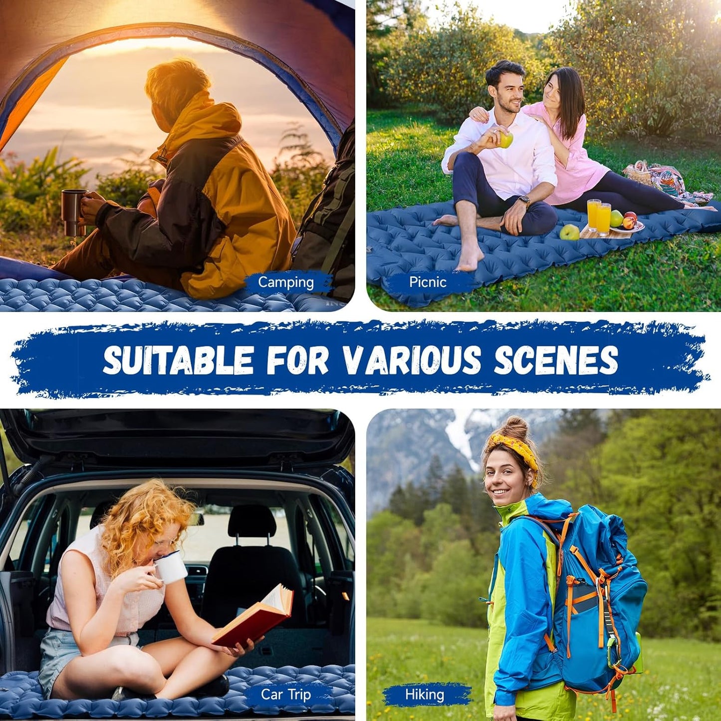 Camping Sleeping Pad, Self Inflating Sleeping Mat 4" Extra Thick, Built-in Foot Pump and Air Pillow, Waterproof Camping Inflatable Mat Air Mattress for Backpacking Hiking Traveling Tent, Blue