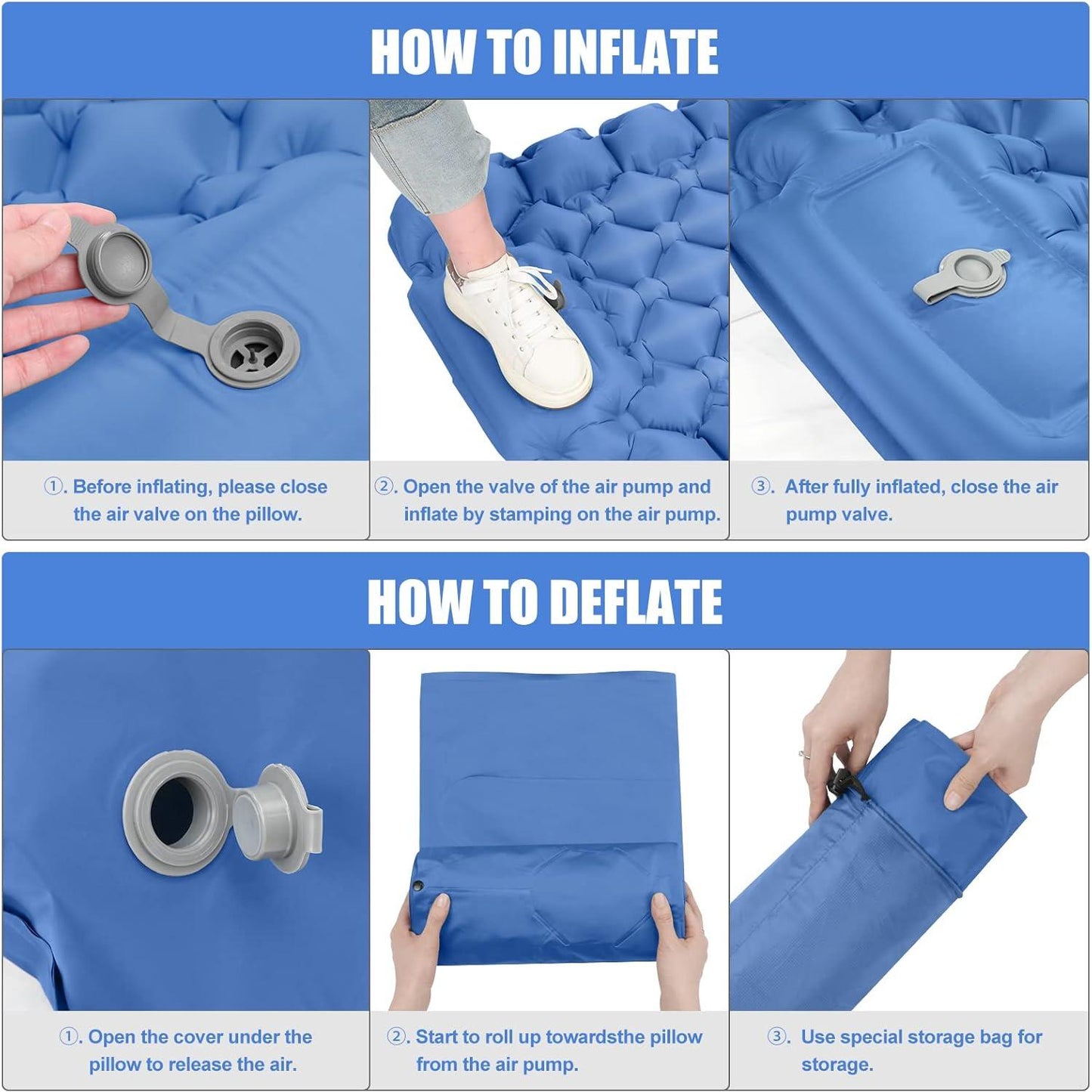 Camping Sleeping Pad, Self Inflating Sleeping Mat 4" Extra Thick, Built-in Foot Pump and Air Pillow, Waterproof Camping Inflatable Mat Air Mattress for Backpacking Hiking Traveling Tent, Blue
