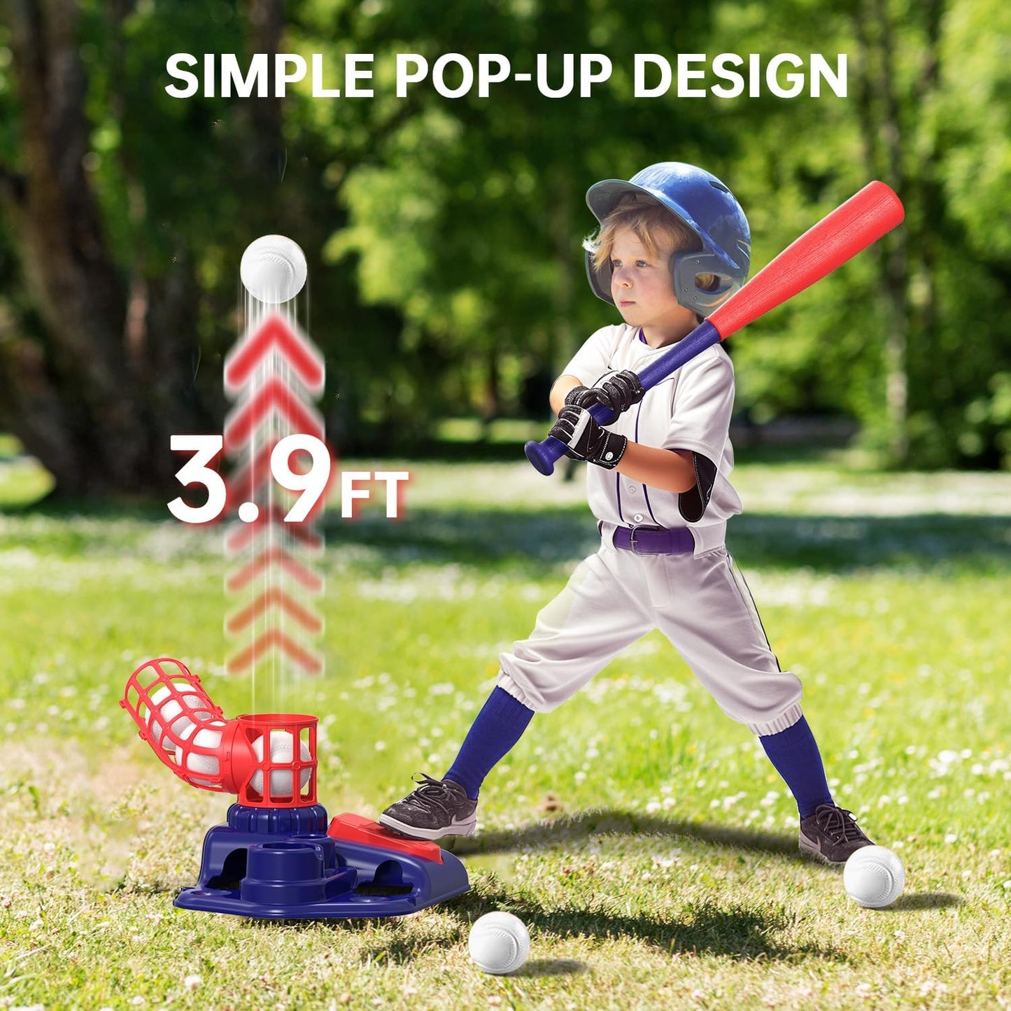 3-in-1 T Ball Set for Kids, 2.5-3.9ft Height Adjustable Tee Ball Stand, Hanging Tee, Pitching Machine, Tball Bat with 6 Balls, Indoor/Outdoor Sport Gifts for Boys & Girls