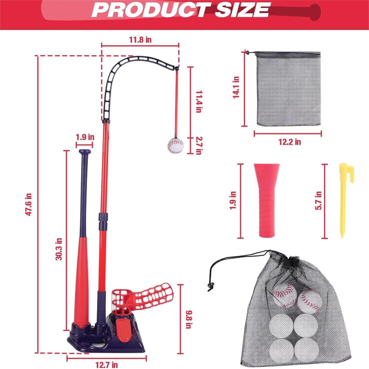 3-in-1 T Ball Set for Kids, 2.5-3.9ft Height Adjustable Tee Ball Stand, Hanging Tee, Pitching Machine, Tball Bat with 6 Balls, Indoor/Outdoor Sport Gifts for Boys & Girls