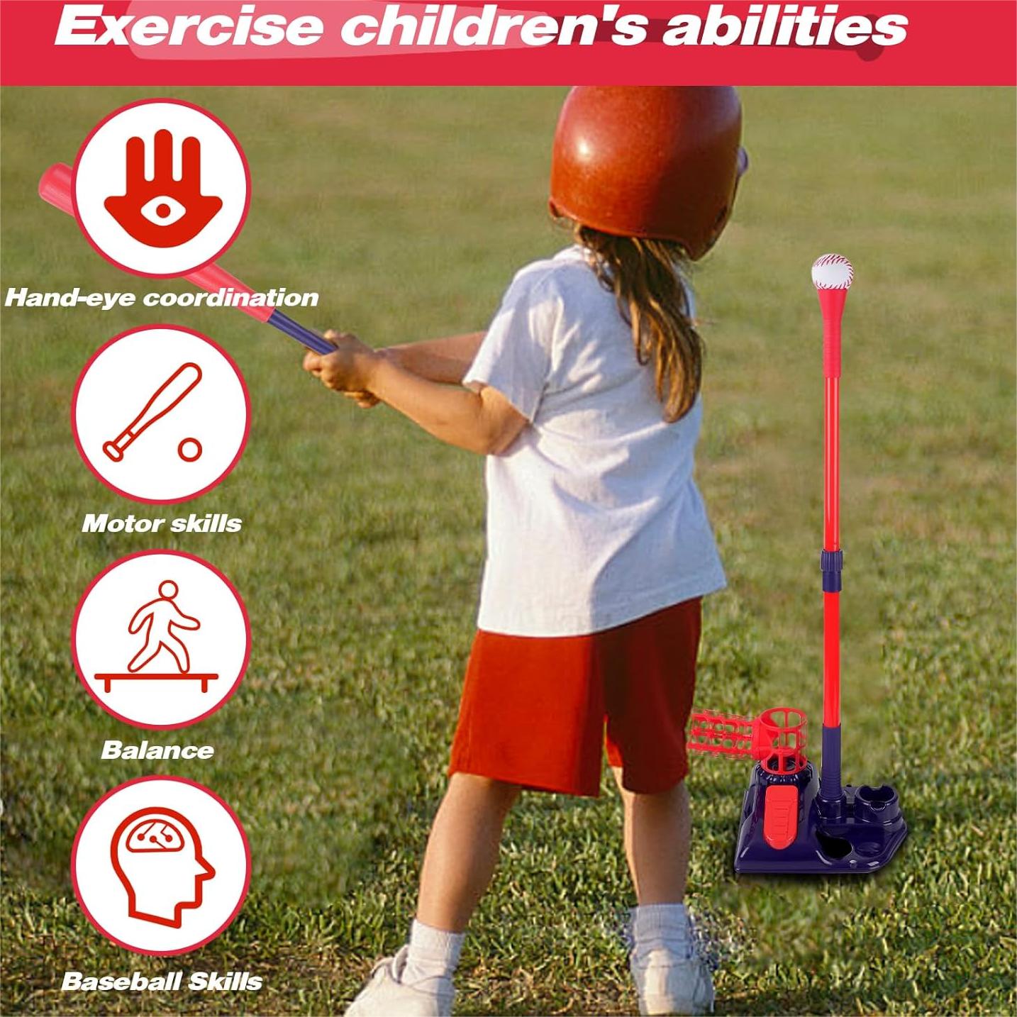 3-in-1 T Ball Set for Kids, 2.5-3.9ft Height Adjustable Tee Ball Stand, Hanging Tee, Pitching Machine, Tball Bat with 6 Balls, Indoor/Outdoor Sport Gifts for Boys & Girls