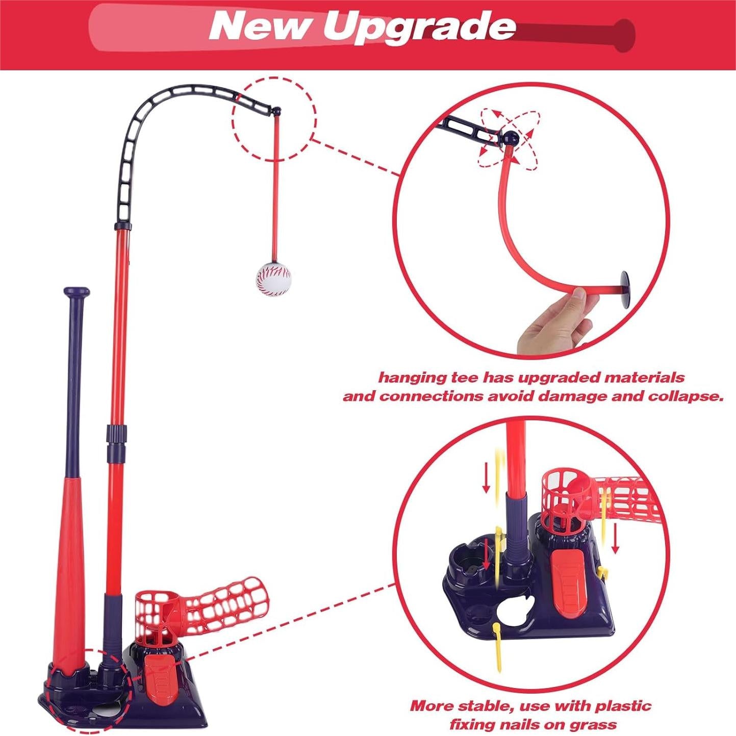 3-in-1 T Ball Set for Kids, 2.5-3.9ft Height Adjustable Tee Ball Stand, Hanging Tee, Pitching Machine, Tball Bat with 6 Balls, Indoor/Outdoor Sport Gifts for Boys & Girls