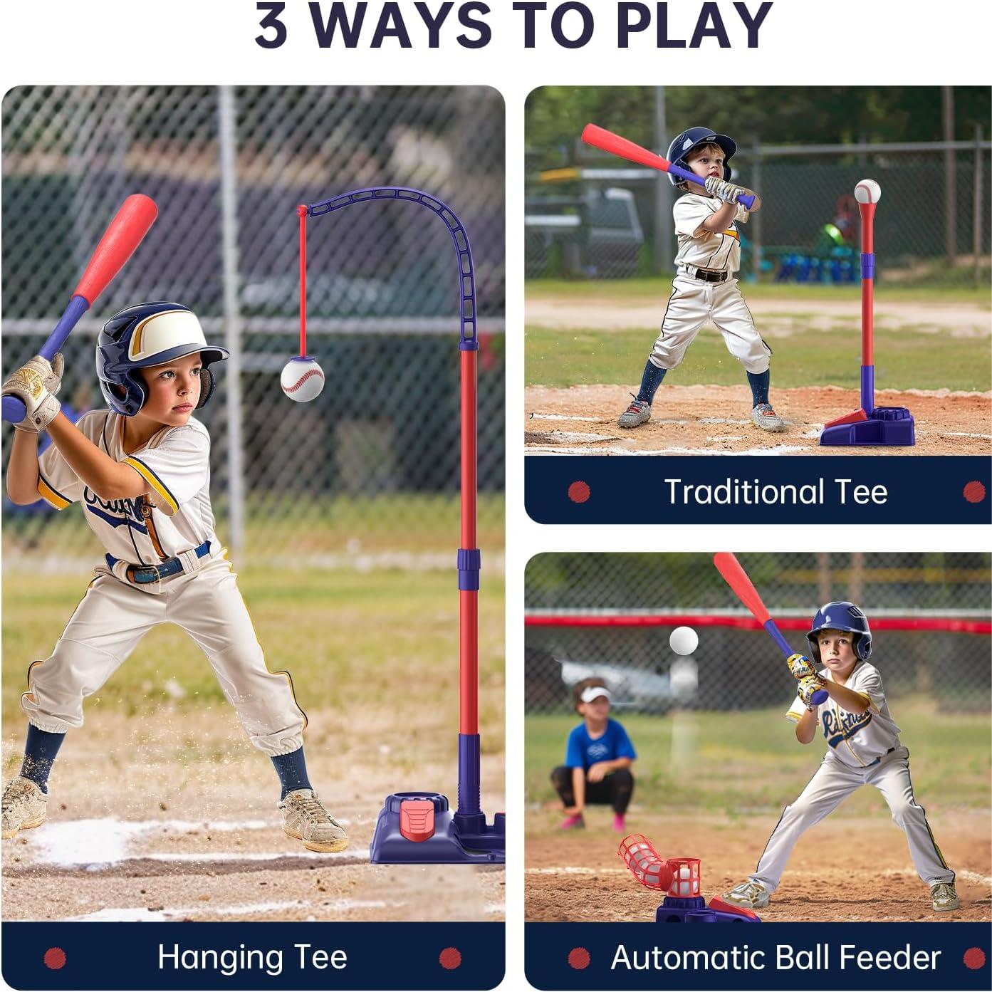3-in-1 T Ball Set for Kids, 2.5-3.9ft Height Adjustable Tee Ball Stand, Hanging Tee, Pitching Machine, Tball Bat with 6 Balls, Indoor/Outdoor Sport Gifts for Boys & Girls