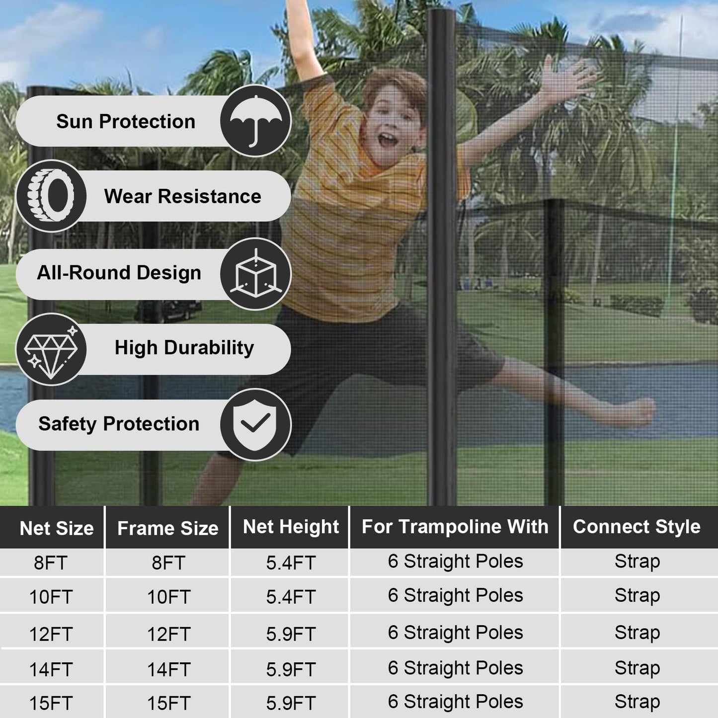 14FT Trampoline Replacement Safety Enclosure Net for 6 Sraight Poles, Trampoline Safety Net Replacement Enclosure Net for 14FT, Weather-Resistant, Tear-Proof, NET ONLY