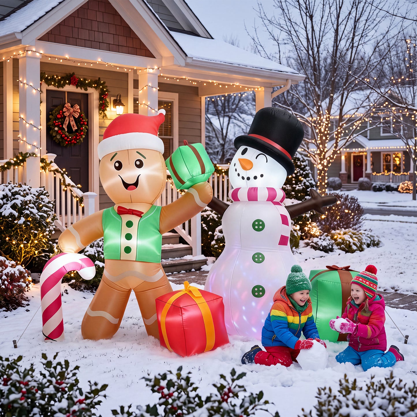 6 FT Christmas Decorations Outdoor Inflatables Gingerbread Man Snowman Blow Up Yard Decor, Outdoor Inflatables Decorations with Rotating LED Light for Garden Patio Lawn Holiday Party Xmas