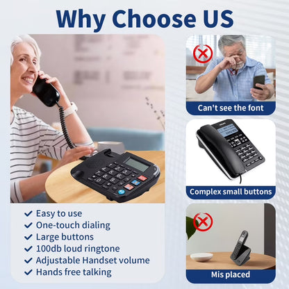Large Key Wired Telephone, Dual Interface Wired Landline Phones with Caller ID/Hands-Free for Office, Big Button Corded Phones for Seniors, 3 Group One-Touch Dialing, Adjustable Volume & Ringing
