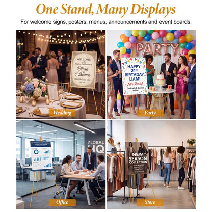 66" Easel Stand for Sign, Poster Stand and Wedding Sign, Lightweight Foldable Metal Tripod with Carry Bag for Welcome Sign, Poster Display, Foam Board and Floor Use, Gold (Supports 5 Pounds)