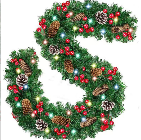 Christmas Garland, 9FT Prelit Christmas Garland with 50 LED Lights, Greenery Xmas Garland with 20 Pine Cones 90 Red Berry Christmas Decoration for Indoor Outdoor Home Mantel