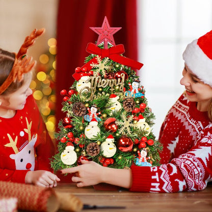 24" Mini Christmas Tree with LED Snowman Globe String Lights/Pine Cones Xmas Balls, Tabletop Christmas Tree with 36 Ornaments, Small Artificial Xmas Spruce Tree for Holiday Indoor Christmas Decor