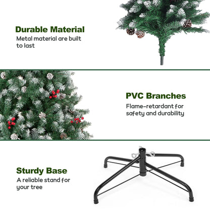 6FT Pre-Decorated Artificial Christmas Tree w/ 800 PVC Branch Tips, Pine Cone & Red Berries for Home Office Party Decoration, Partially Flocked Design Xmas Trees w/ Dense Branches & Metal Stand