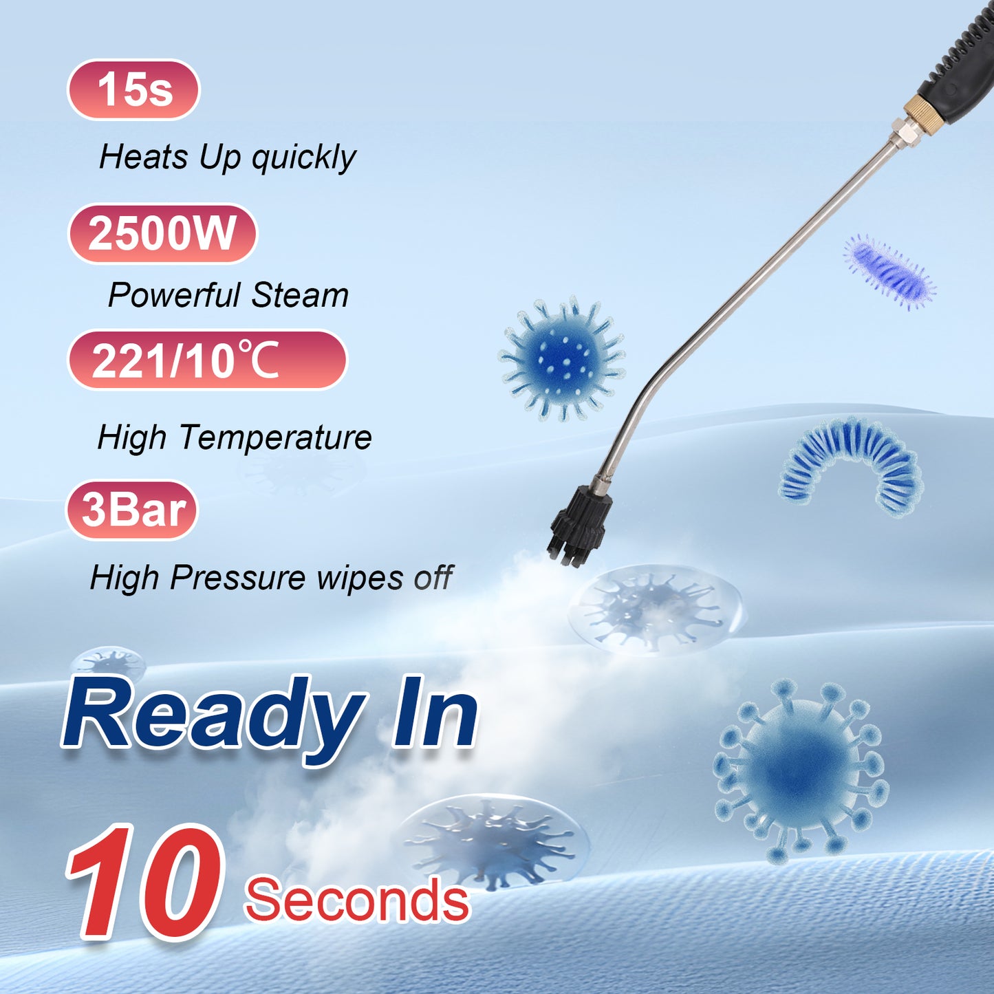 Steam Cleaner,2500W Handheld High Temperature Pressurized Steamer for Cleaning,10S Fast Heating, with 3Pcs Brush Heads for Kitchen/Furniture/Bathroom/Car,Red
