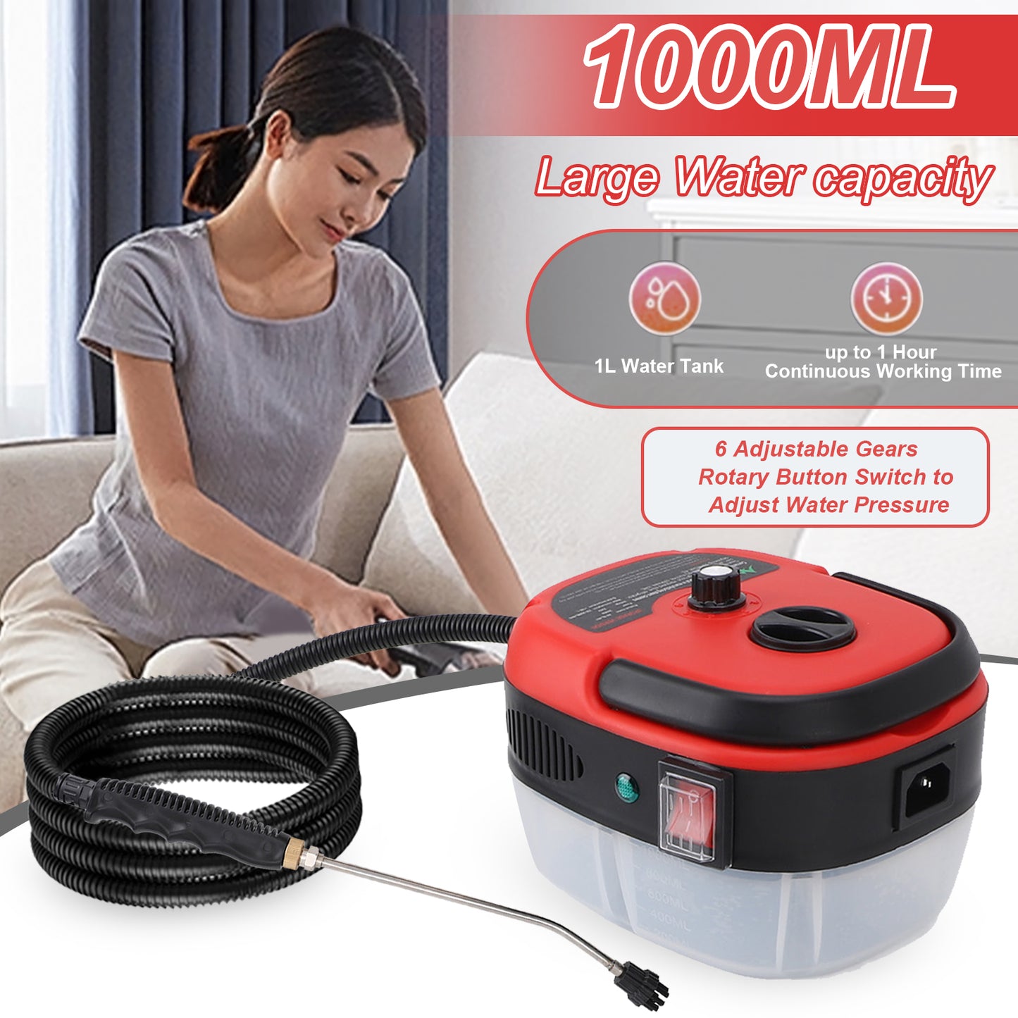 Steam Cleaner,2500W Handheld High Temperature Pressurized Steamer for Cleaning,10S Fast Heating, with 3Pcs Brush Heads for Kitchen/Furniture/Bathroom/Car,Red