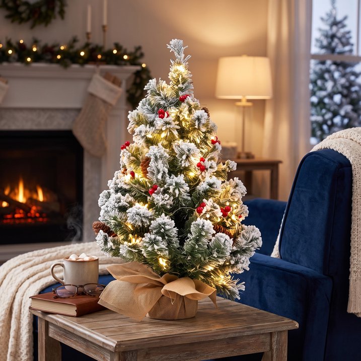 20 inch Prelit Snow Flocked Christmas Tree with Light, Small Artificial Tabletop Xmas Trees with Red Berries, Pinecones and Cloth Bag Base, Indoor Table Centerpieces Xmas Home Holiday Decorations