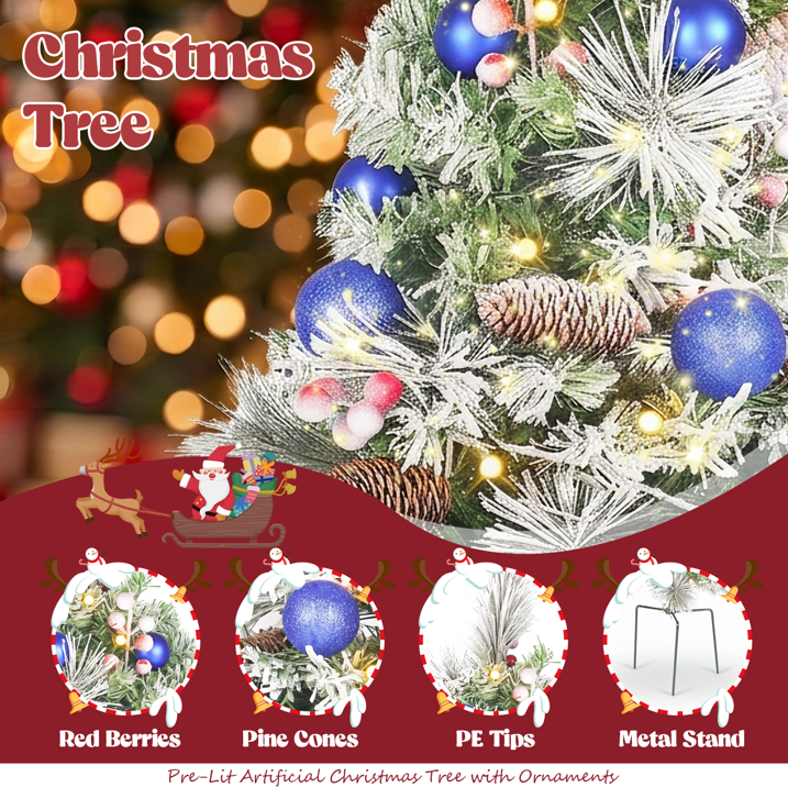 2 Pack 30 inch Prelit Outdoor Pathway Christmas Tree with LED Lights, Battery Operated Snow Flocked Christmas Tree with Pine Needles Cones Balls & Berries, Frosted Urn Filler for Porch Yard Decor