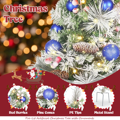 2 Pack 30 inch Prelit Outdoor Pathway Christmas Tree with LED Lights, Battery Operated Snow Flocked Christmas Tree with Pine Needles Cones Balls & Berries, Frosted Urn Filler for Porch Yard Decor