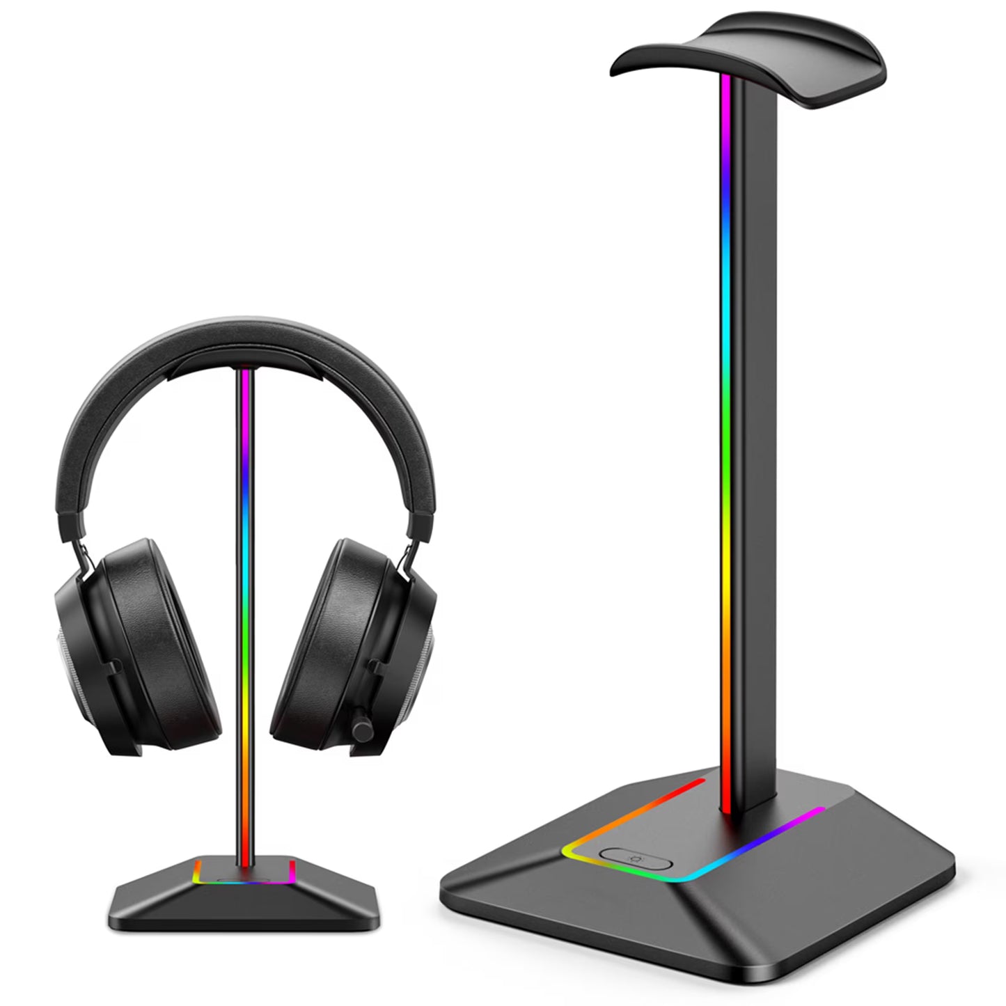 RGB Headphone Stand with 1 USB C Charging Port and 1 USB Charging Port, Non-Slip Rubber Base, Desk Gaming Headset Stand with 7 Light Modes for All Earphone Accessories, Black