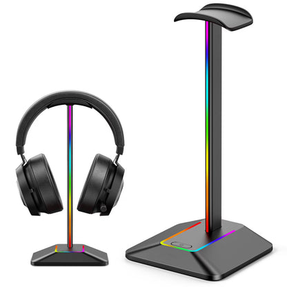 RGB Headphone Stand with 1 USB C Charging Port and 1 USB Charging Port, Non-Slip Rubber Base, Desk Gaming Headset Stand with 7 Light Modes for All Earphone Accessories, Black