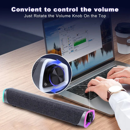 Bluetooth Computer Speakers for Desktop, Stereo Sound Soundbar for Desktop Laptop Monitor, Plug & Play PC Speakers with Dynamic LED Light & Volume Knob, USB Powered w/ 3.5mm Cable HiFi Gaming Speaker