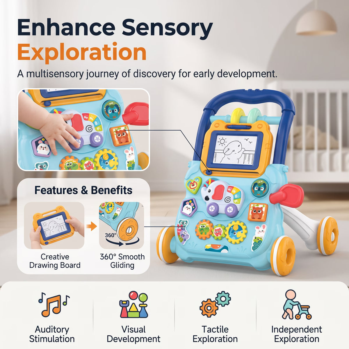 3 in 1 Baby Walker with Music Lights Sit to Stand Toddler Learning Walking Push Toys for 12-18+ Months Boys Girls