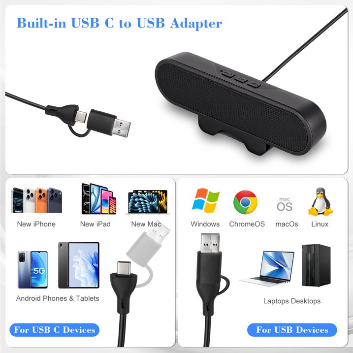 Computer Speakers for Desktop PC Monitor, USB Plug-in, Wired, Computer Soundbar for PC, Laptop Speakers with Adaptive-Channel-Switching, Loud Sound, Deep Bass, USB C Adapter, Easy to Clip on Monitor