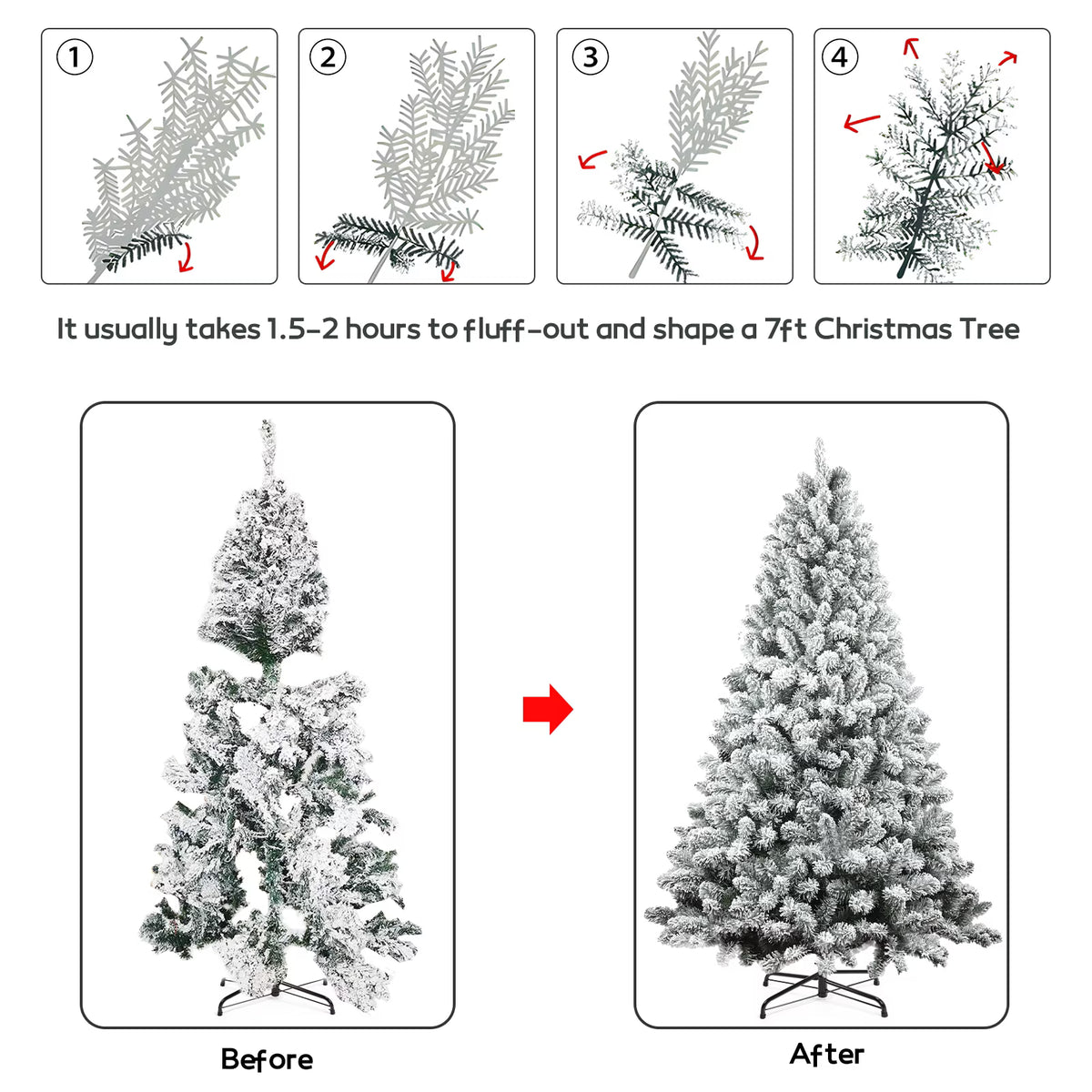 7FT Artificial Snow Flocked Christmas Tree, Unlit Artificial Christmas Pine Tree with 800 Branch Snow Tips and Metal Stand, Holiday Xmas Pine Tree for Indoor Outdoor Home Office Party Decoration