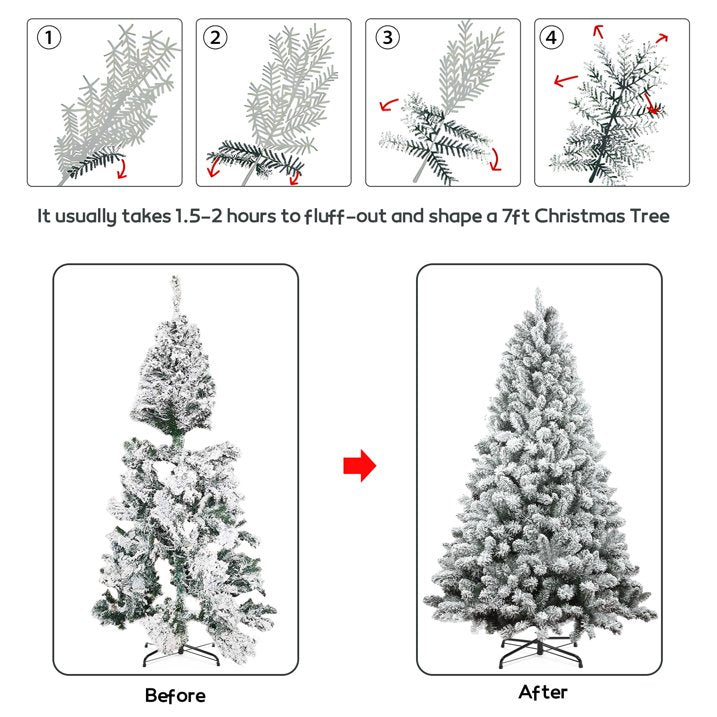 6FT Snow Flocked Christmas Tree, Unlit Artificial Holiday Christmas Pine Tree with 600 Branch Snow Tips and Foldable Metal Base, Xmas Tree w/ Dense Branches for Indoor Outdoor Home Office Party Decor