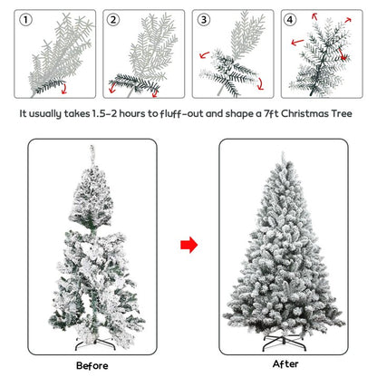 6FT Snow Flocked Christmas Tree, Unlit Artificial Holiday Christmas Pine Tree with 600 Branch Snow Tips and Foldable Metal Base, Xmas Tree w/ Dense Branches for Indoor Outdoor Home Office Party Decor