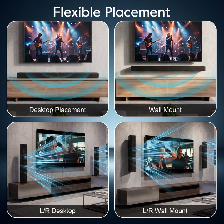 Sound Bars for TV, Bluetooth 5.0 Surround Sound System for TV Wireless Connect, 2 in 1 Separable Soundbar for Home Theater, ARC/Optical/USB Cables & Remote TV Speakers, Wall Mountable