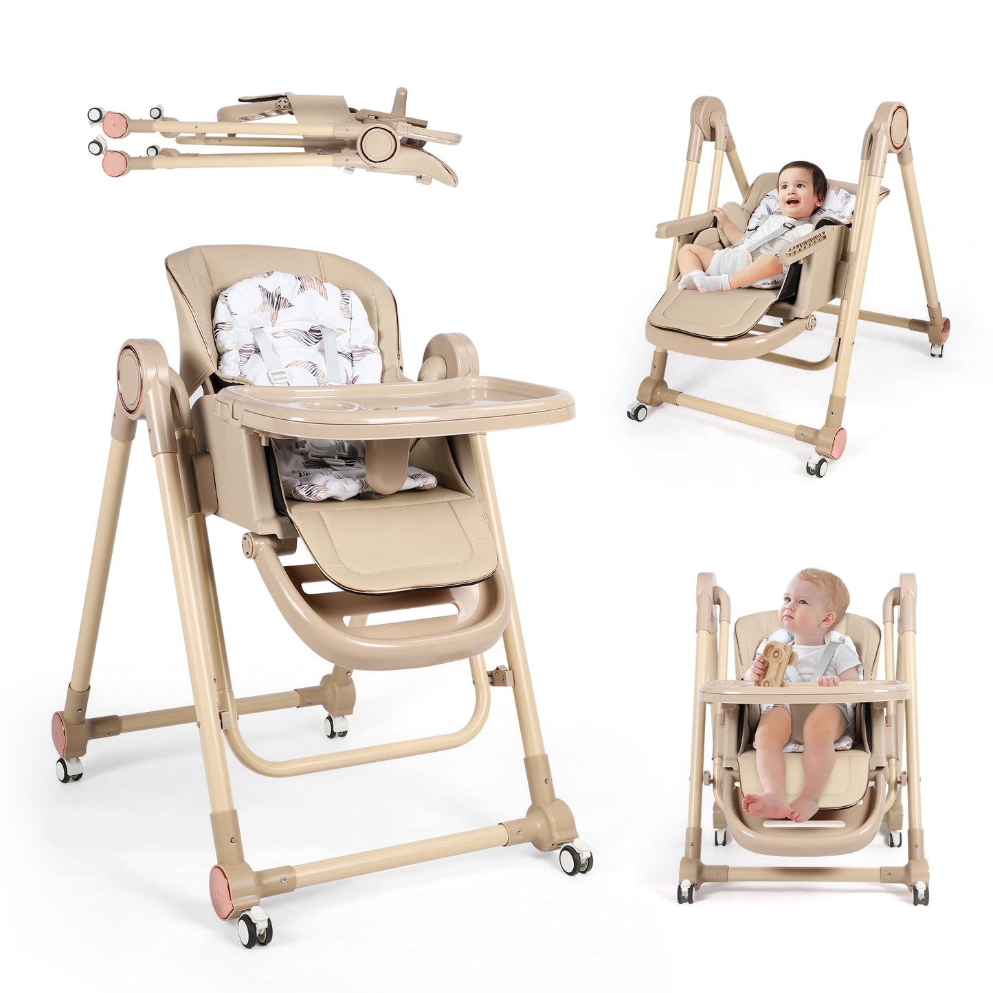 Loewten 3-in-1 Baby High Chair,Convertible Baby Swing,Foldable Infant Dining Chairs Seat with Wheels for Babies and Toddlers,Brown