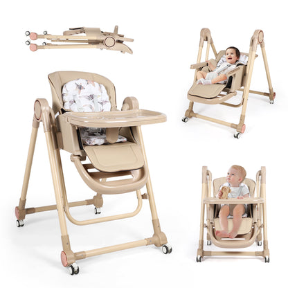 Loewten 3-in-1 Baby High Chair,Convertible Baby Swing,Foldable Infant Dining Chairs Seat with Wheels for Babies and Toddlers,Brown