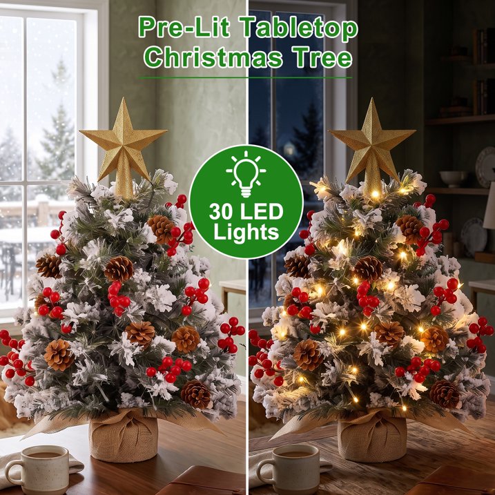 22 inch Tabletop Christmas Tree with Lights, Snowy Artificial Small Christmas Trees Battery Operated 30 Warm Lights Red Berries Pine Cone Stable Base Mini Tree Xmas Decorations Indoor Holiday