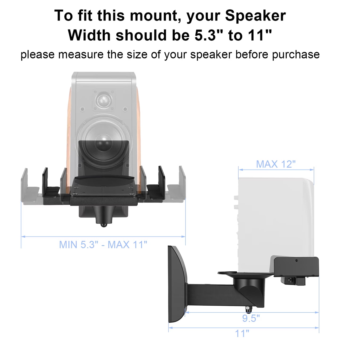Speaker Wall Mounts, Dual Side Clamping Bookshelf Mounting Bracket, Speaker Mounts for Surround Sound, Universal Bookshelf Speaker Mount for Living Room/Home Theater, Hold up to 55 lbs, 1 Pair, Black