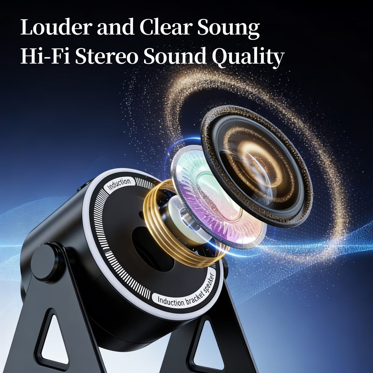 Wireless Induction Speaker 5-in-1 Bluetooth Speaker with Phone Stand, Stereo Sound, 7 RGB Ambient Light, 360° Adjustable Holder for iPhone/Android/iPad, Gifts for Men Women (Black)