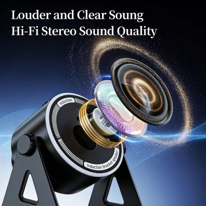 Wireless Induction Speaker 5-in-1 Bluetooth Speaker with Phone Stand, Stereo Sound, 7 RGB Ambient Light, 360° Adjustable Holder for iPhone/Android/iPad, Gifts for Men Women (Black)