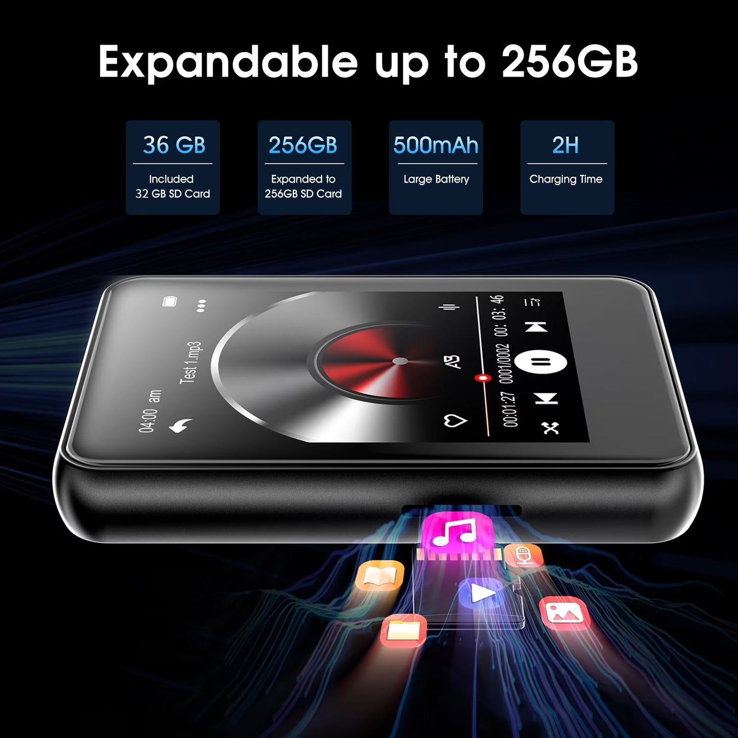 36GB Mp3 Player with Bluetoooth, 2.4 inch Full Touchscreen Mp4 Player with Earphones, Portable HiFi Sound Music Player with Earphones, Built-in HD Speaker, Recorder, Ebook, Up to 256 GB, Black