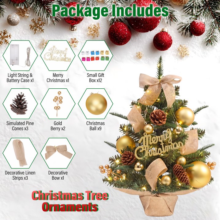Mini Christmas Tree Tabletop Set with 30 LED Lights, 18 inch Artificial Xmas Tree with PineCones Berries Bows Balls & Gift Boxes Ornaments, Perfect DIY Xmas Decorations for Holiday Home Kitchen