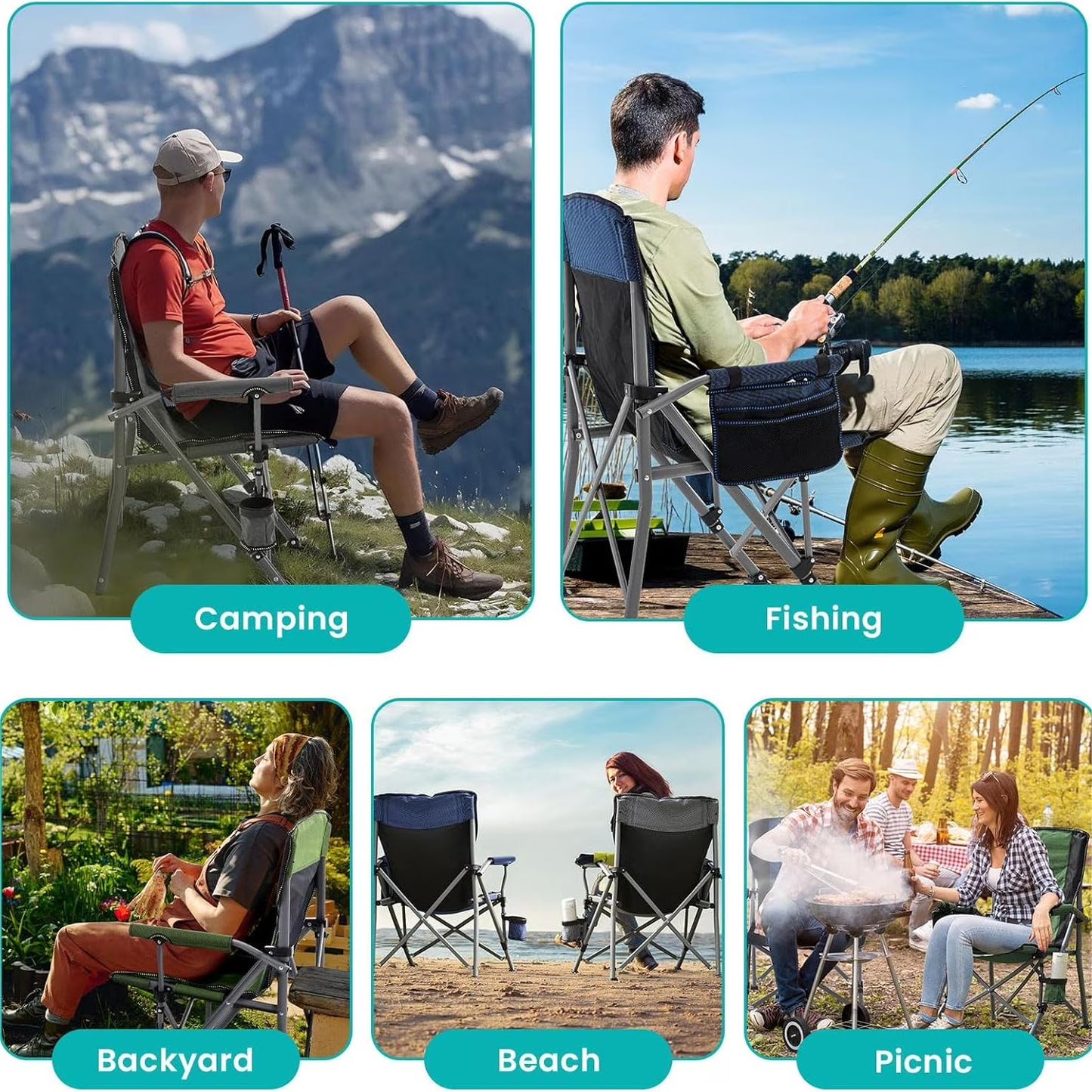 Folding Camping Chair, Portable High Back Folding Lawn Chairs for Adults, Outdoor Camping Chair with Cup Holder, Side Pocket, Hard Armrest, Carry Bag, Anti-slip Footpad, Support 350 lbs, Dark Blue